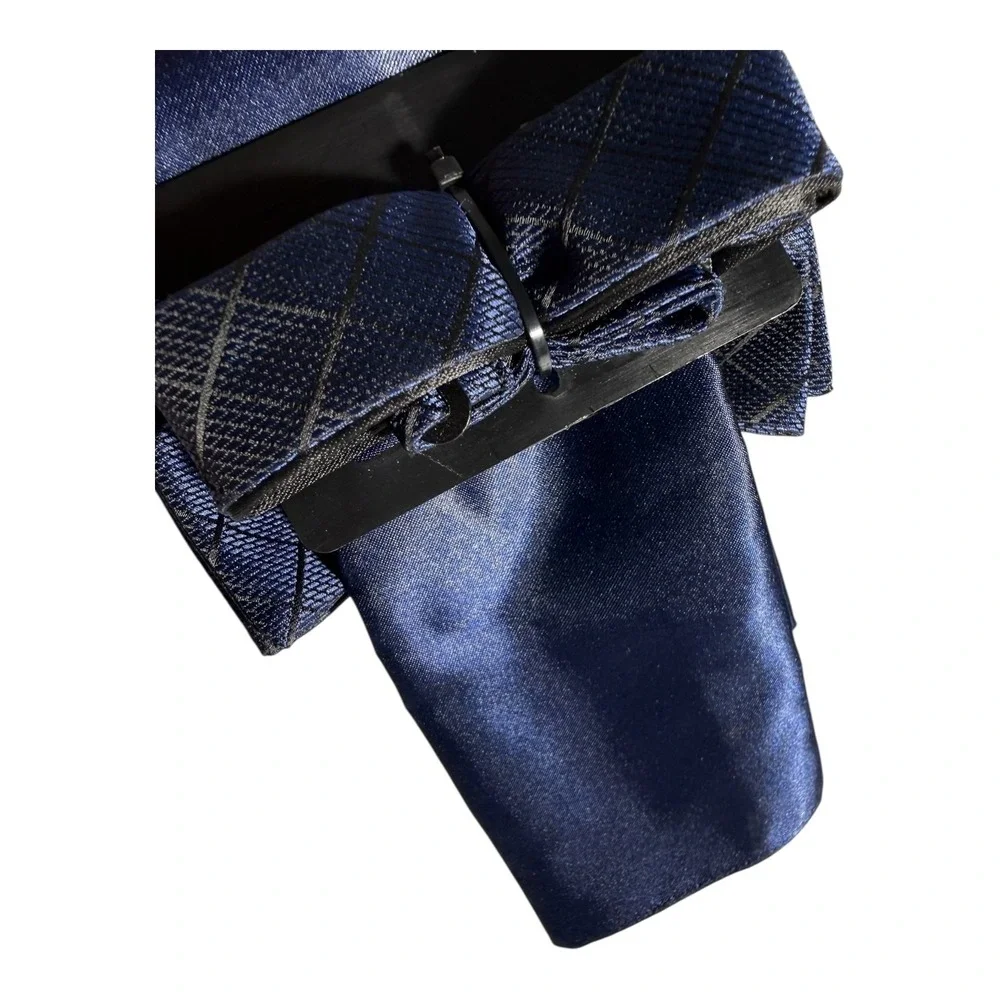 Alfani Bow Tie & Pocket Square Set Mens Dark Navy Blue Woven Sharkskin